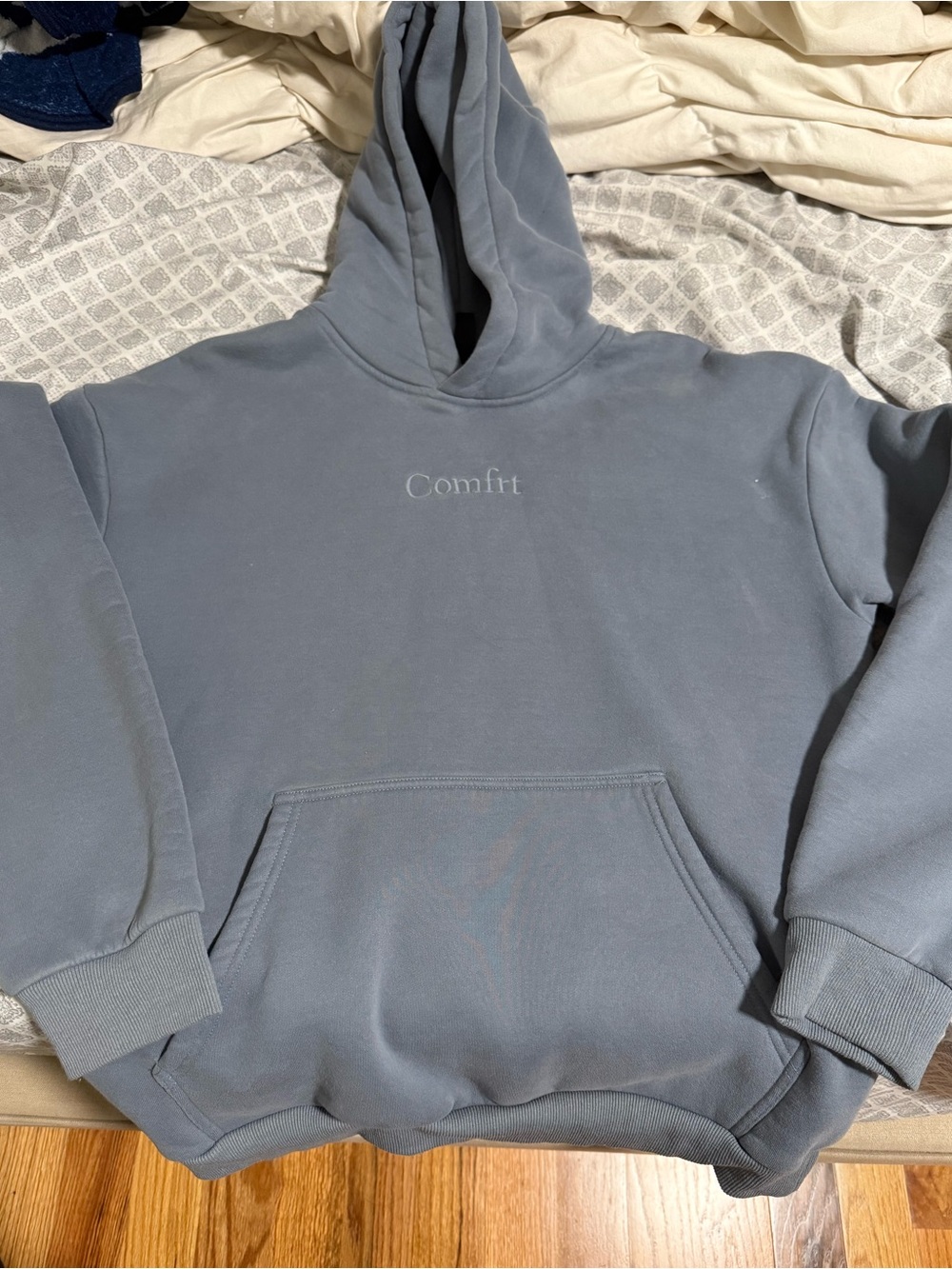 Comfort Embroidered Slate Blue Zip-Up Hoodie